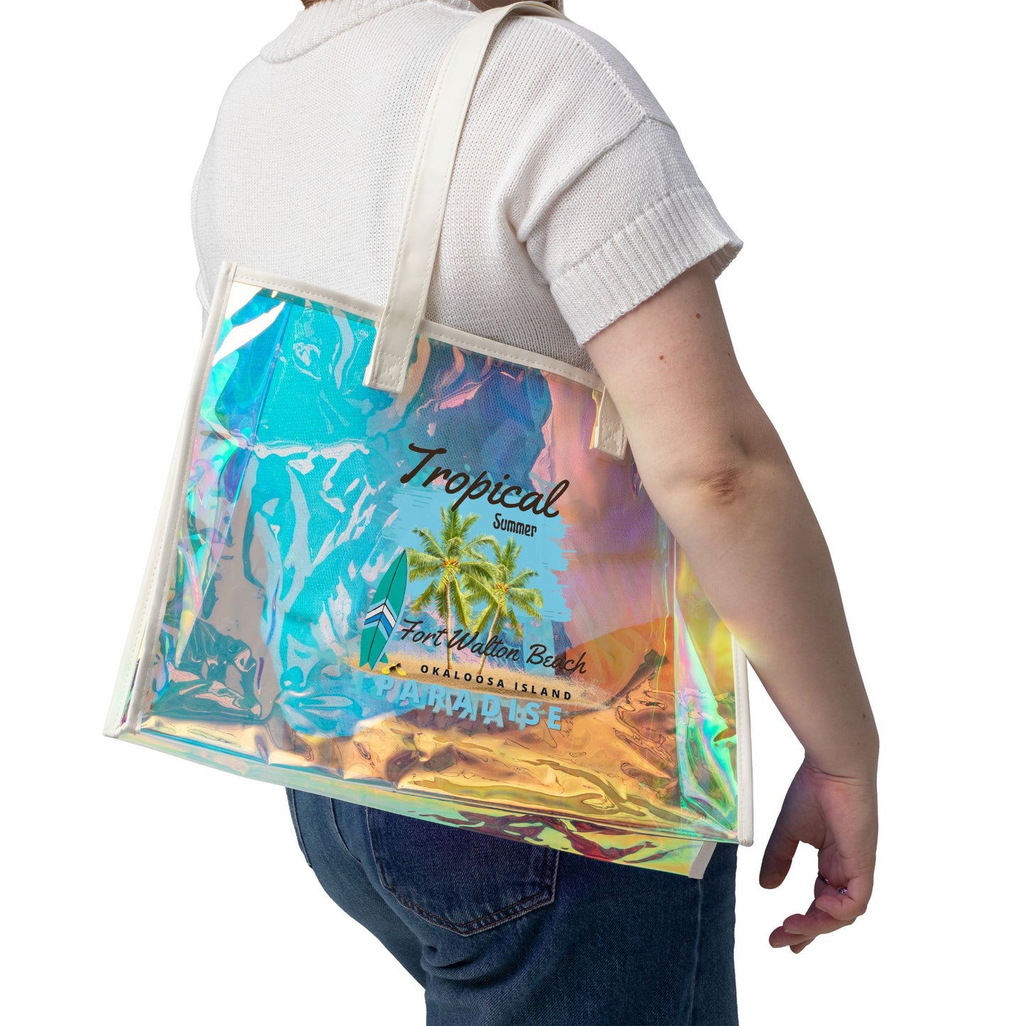 Tropical Holographic Beach Tote Bag, Summer Essentials, Vacation Vibes, Poolside Accessory, Lightweight Carry-All