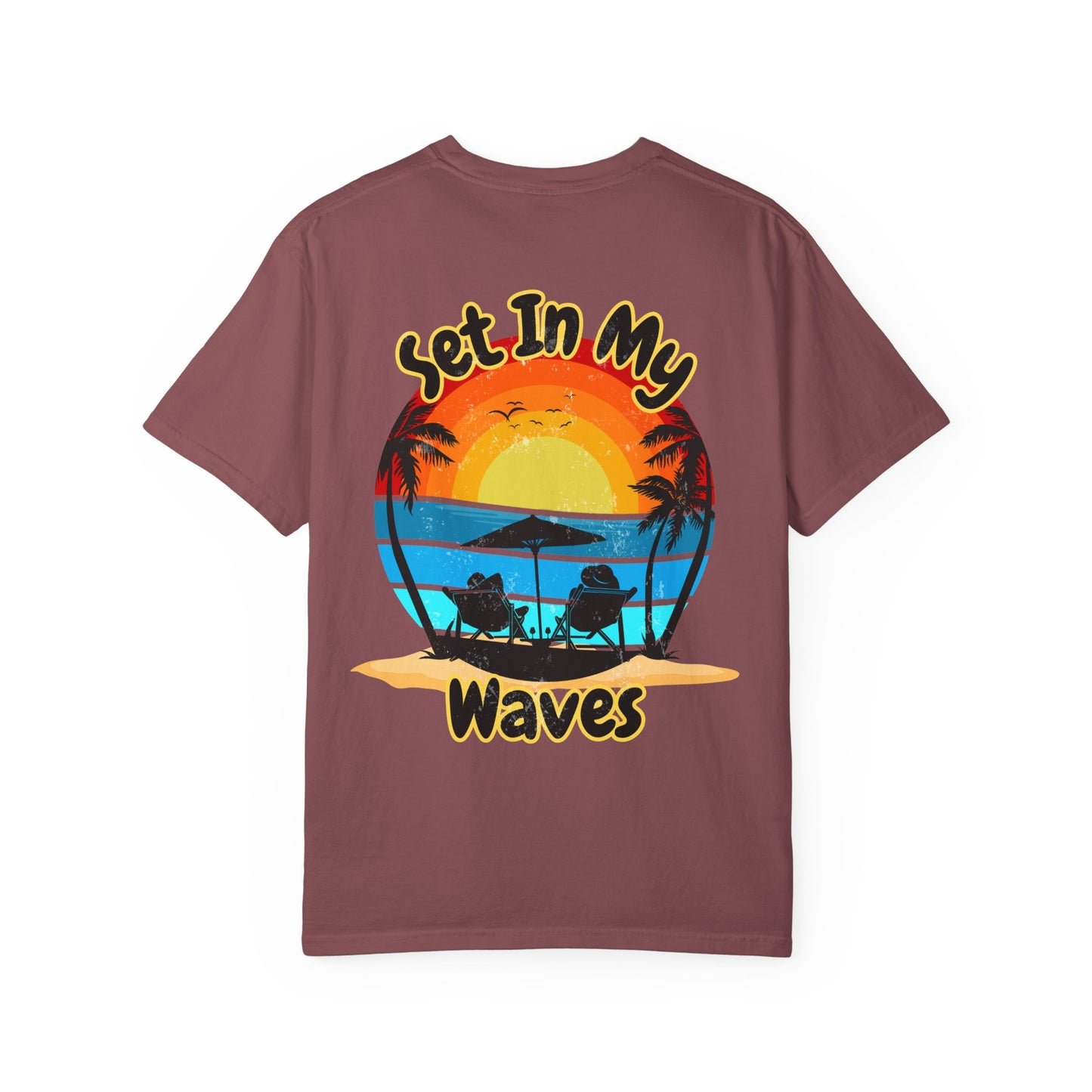 Sunset Surf T-Shirt — "Set In My Waves" Retro Beach Graphic Tee