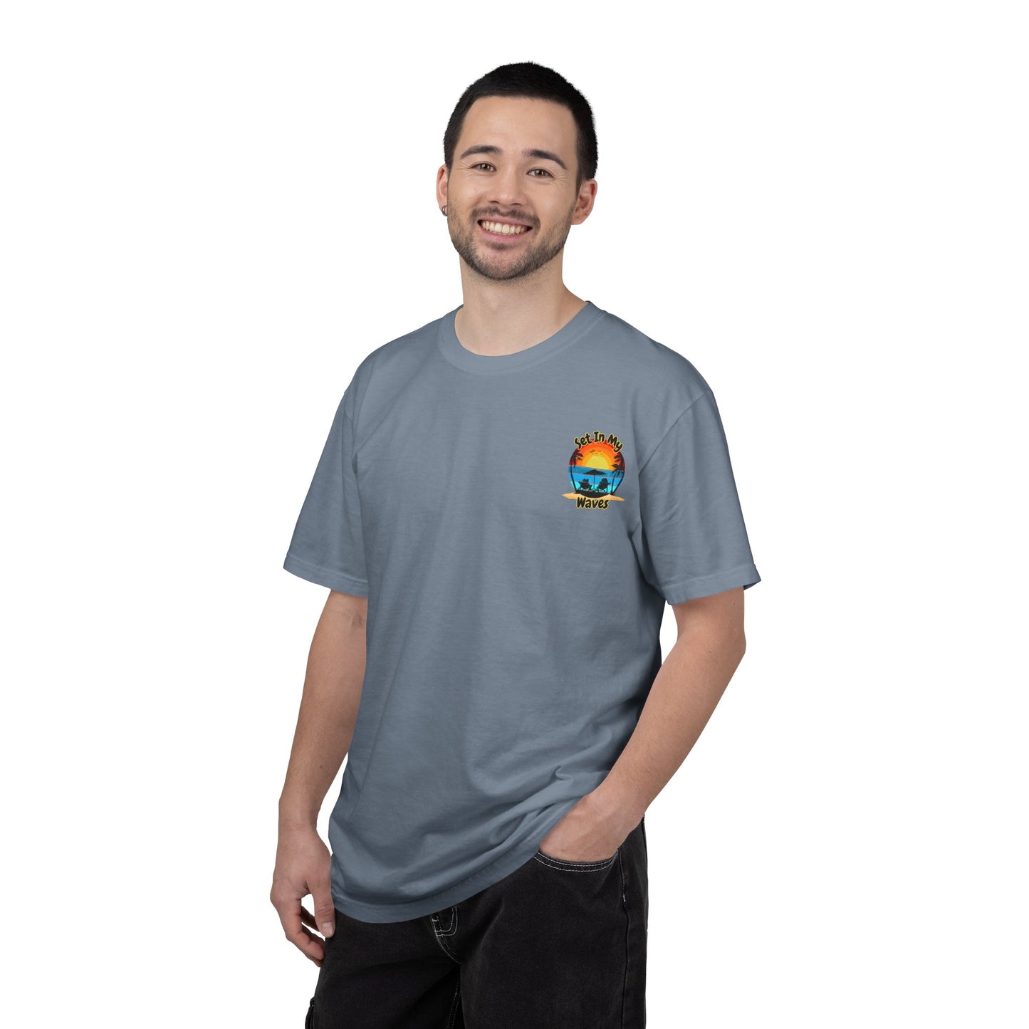 Sunset Surf T-Shirt — "Set In My Waves" Retro Beach Graphic Tee