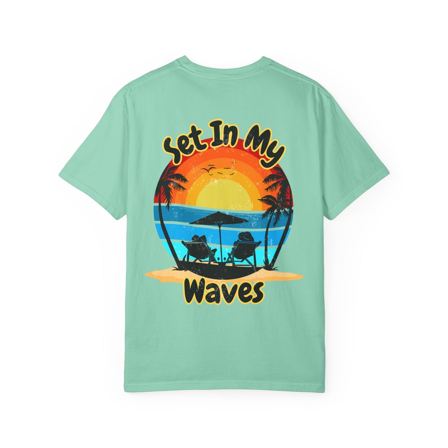 Sunset Surf T-Shirt — "Set In My Waves" Retro Beach Graphic Tee