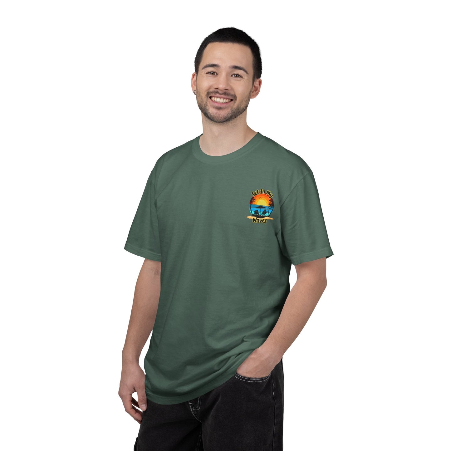 Sunset Surf T-Shirt — "Set In My Waves" Retro Beach Graphic Tee