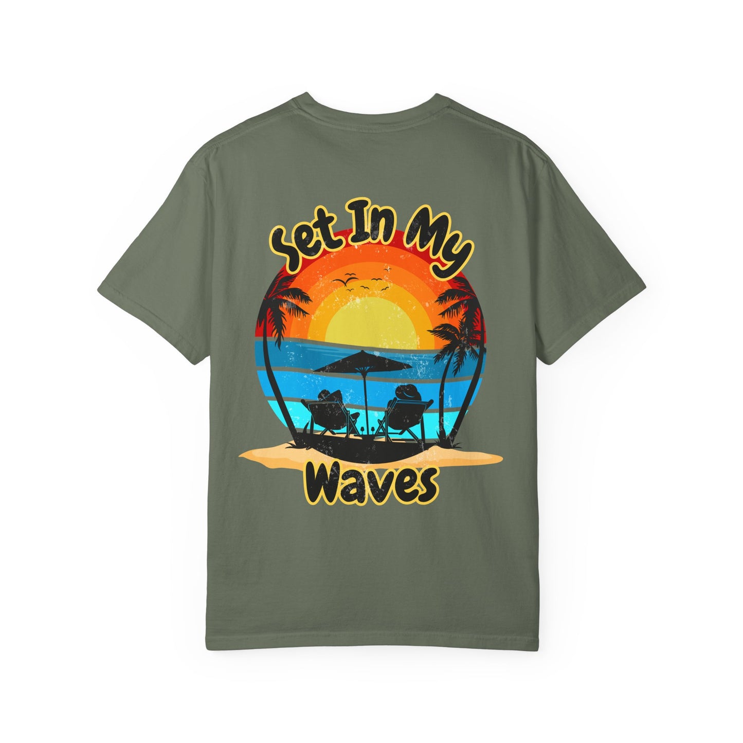 Sunset Surf T-Shirt — "Set In My Waves" Retro Beach Graphic Tee