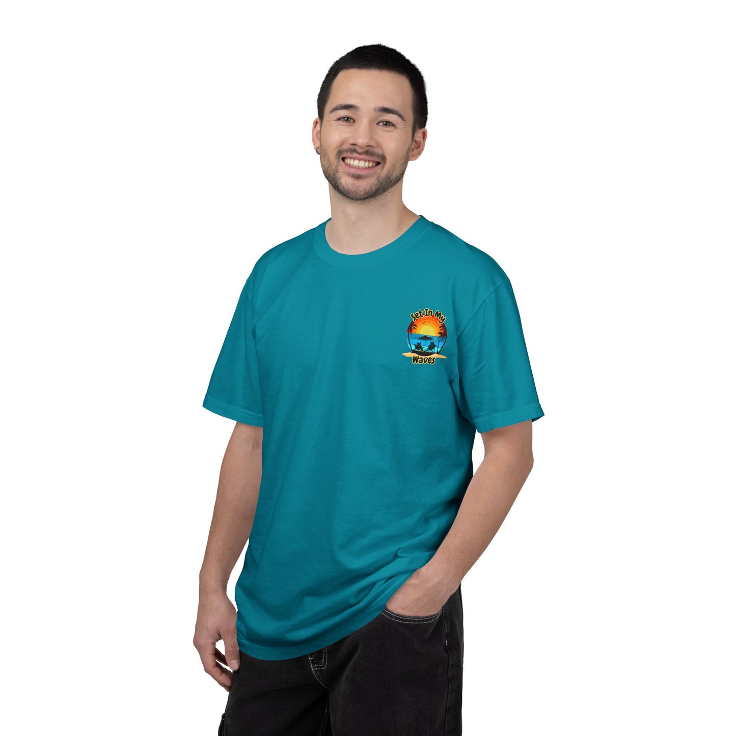 Sunset Surf T-Shirt — "Set In My Waves" Retro Beach Graphic Tee