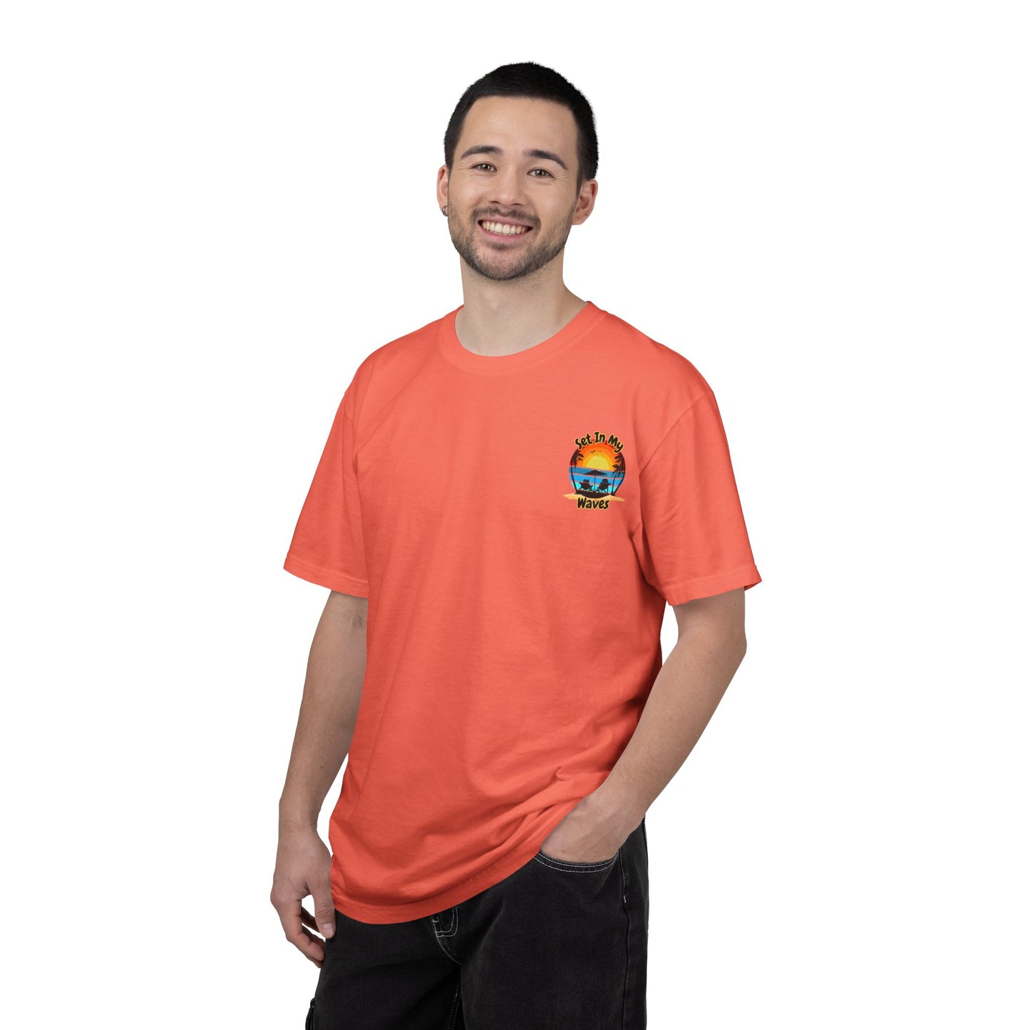 Sunset Surf T-Shirt — "Set In My Waves" Retro Beach Graphic Tee