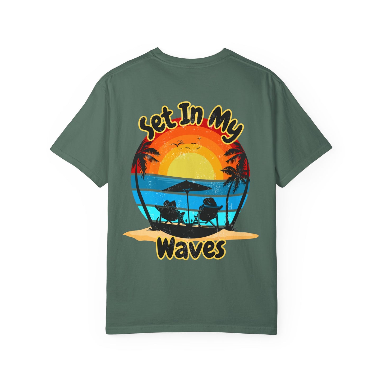 Sunset Surf T-Shirt — "Set In My Waves" Retro Beach Graphic Tee