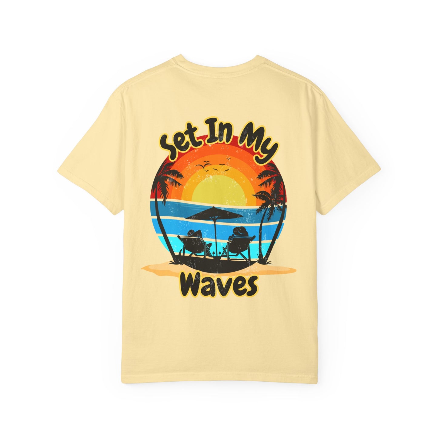 Sunset Surf T-Shirt — "Set In My Waves" Retro Beach Graphic Tee