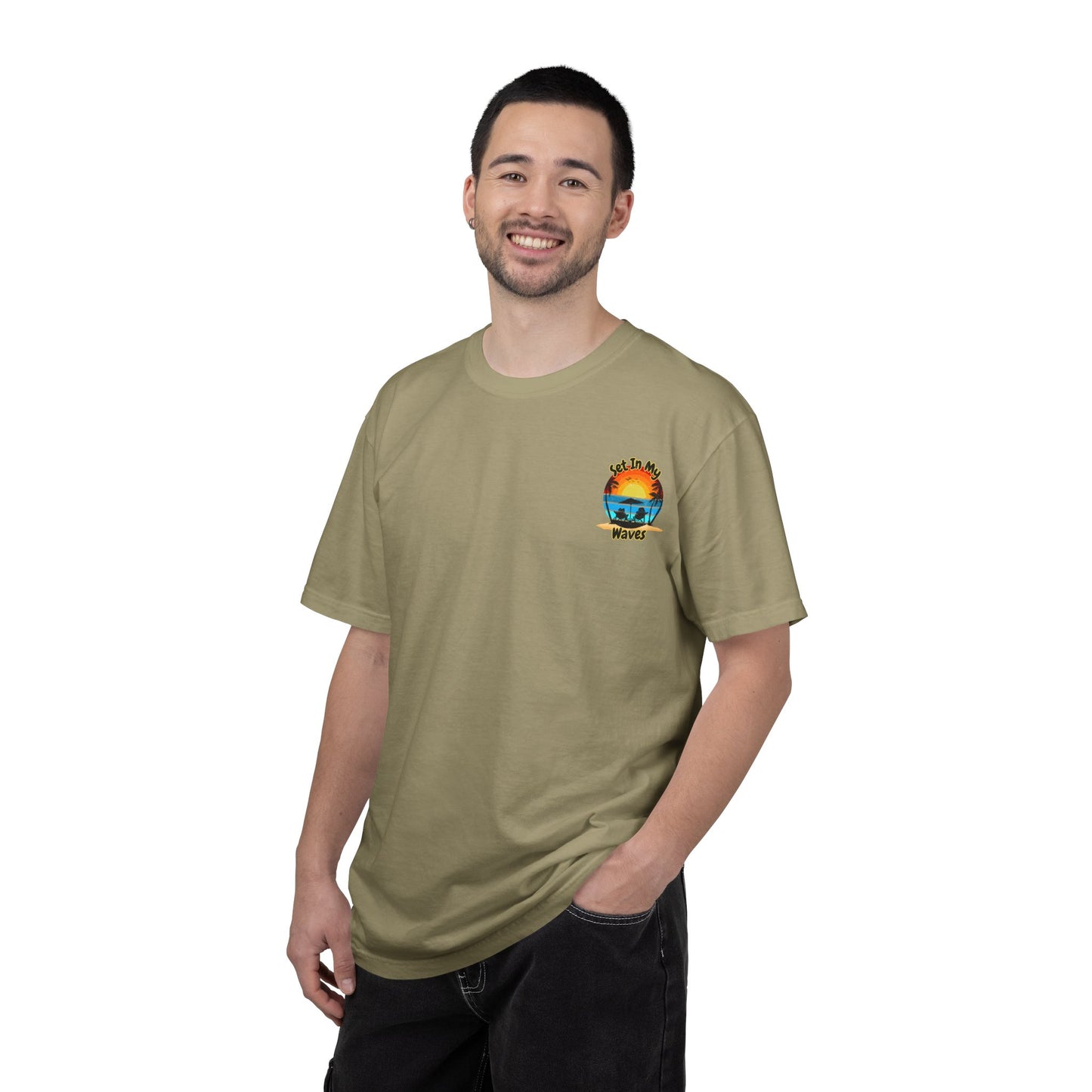 Sunset Surf T-Shirt — "Set In My Waves" Retro Beach Graphic Tee