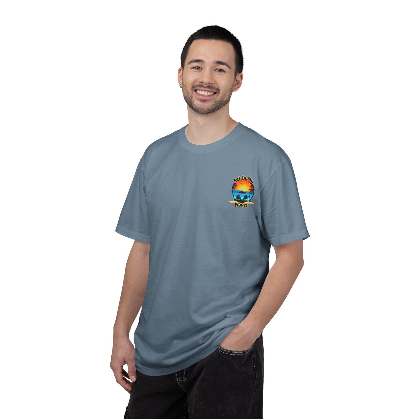 Sunset Surf T-Shirt — "Set In My Waves" Retro Beach Graphic Tee
