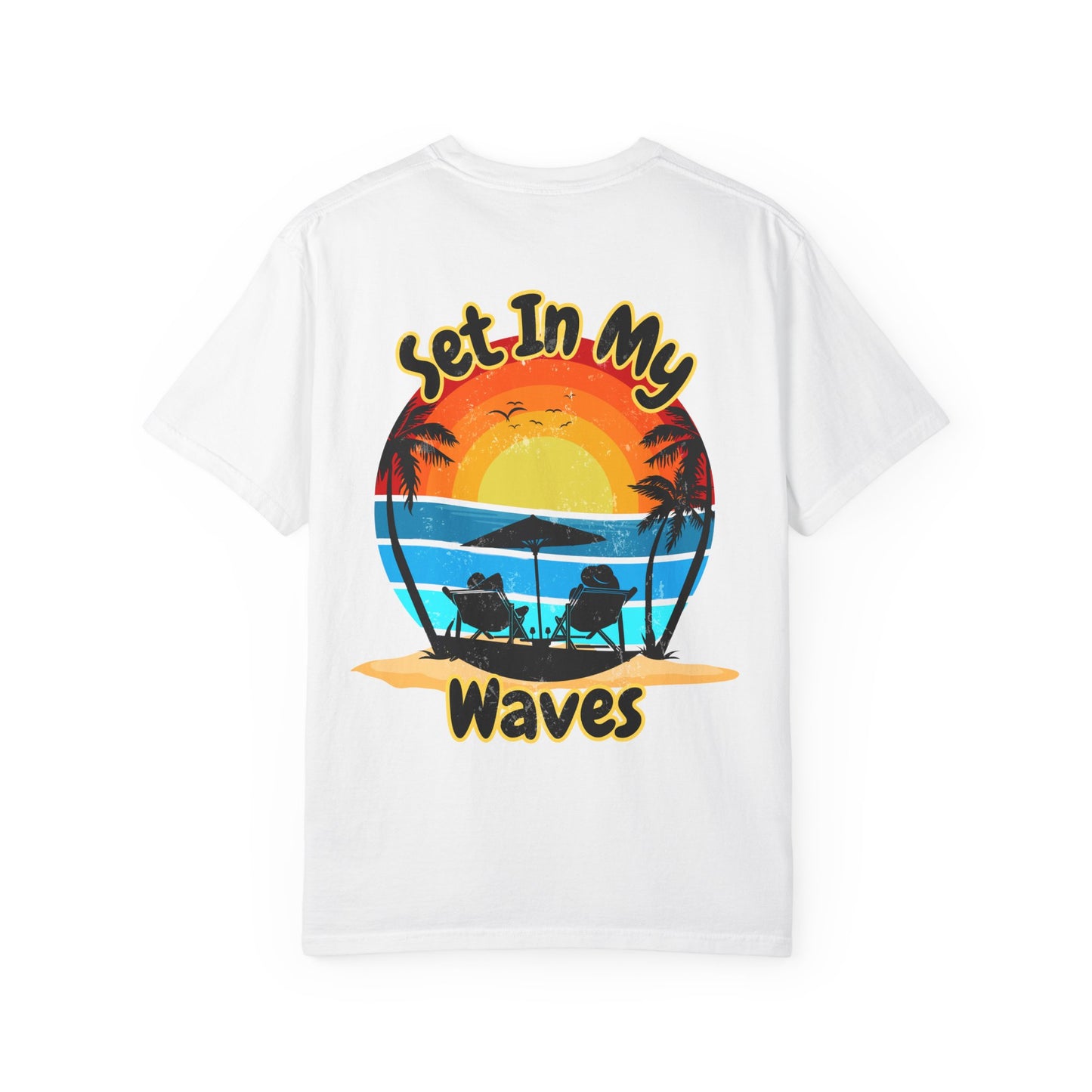 Sunset Surf T-Shirt — "Set In My Waves" Retro Beach Graphic Tee
