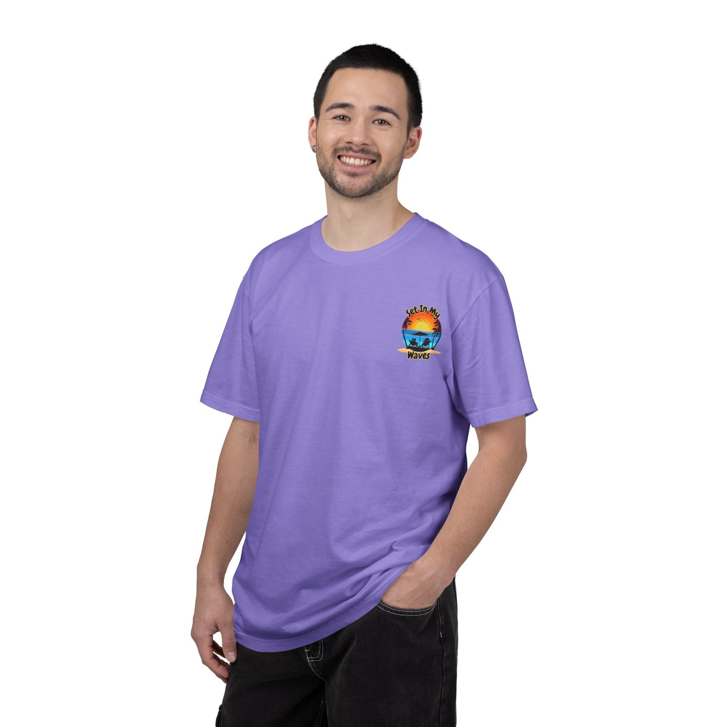 Sunset Surf T-Shirt — "Set In My Waves" Retro Beach Graphic Tee