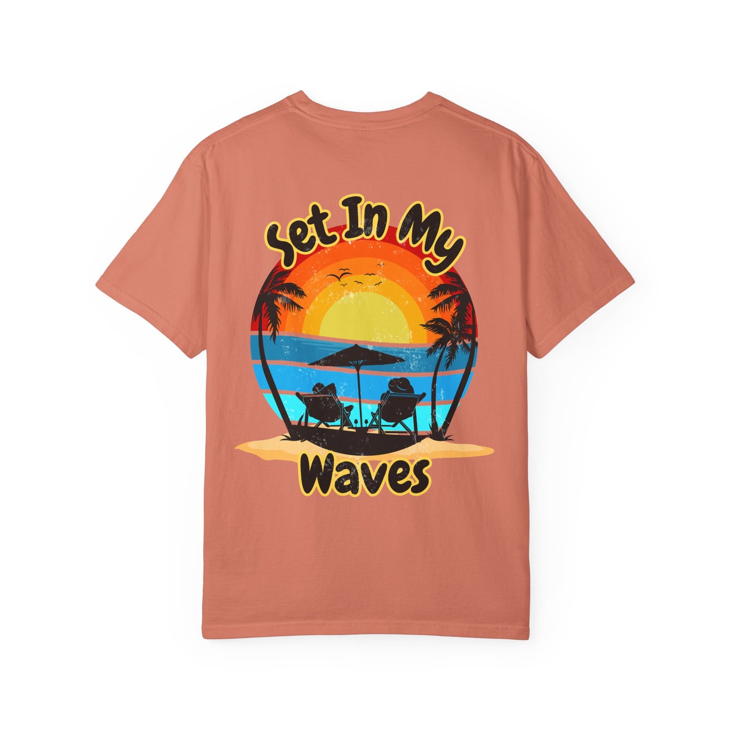 Sunset Surf T-Shirt — "Set In My Waves" Retro Beach Graphic Tee