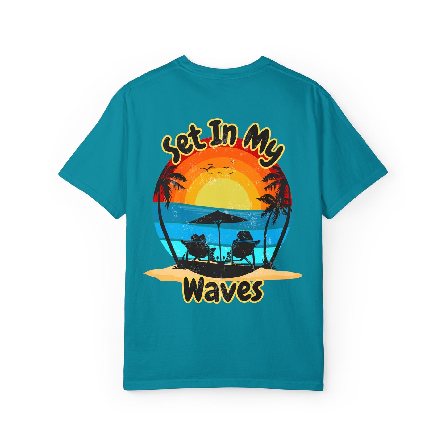 Sunset Surf T-Shirt — "Set In My Waves" Retro Beach Graphic Tee