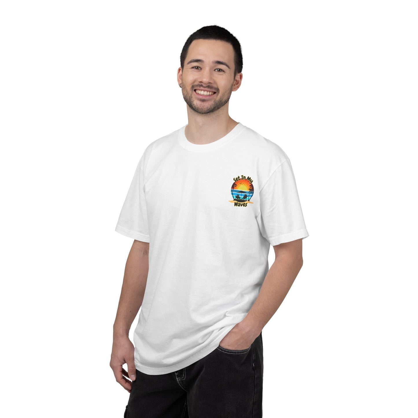 Sunset Surf T-Shirt — "Set In My Waves" Retro Beach Graphic Tee