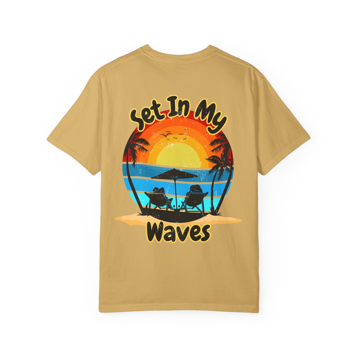 Sunset Surf T-Shirt — "Set In My Waves" Retro Beach Graphic Tee