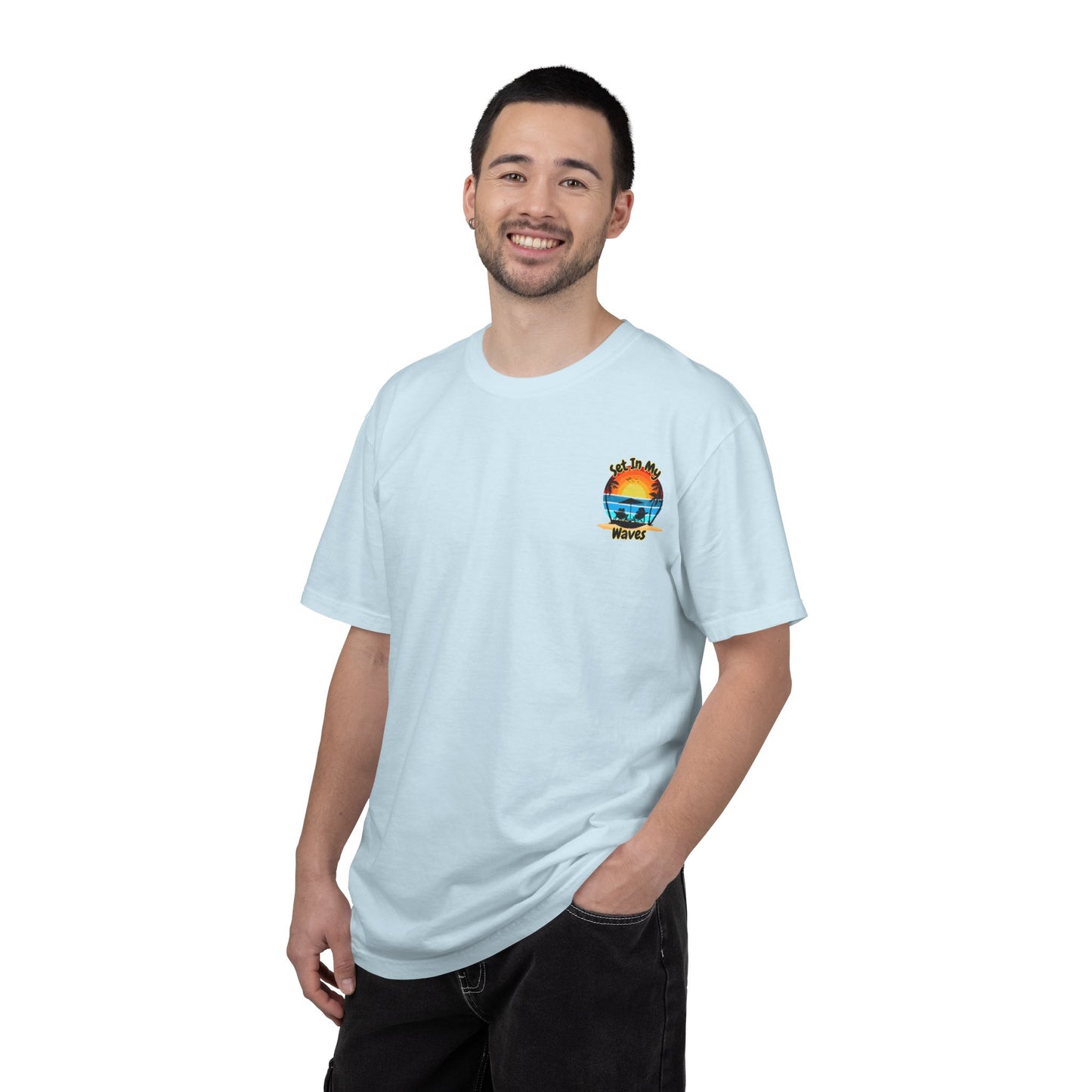 Sunset Surf T-Shirt — "Set In My Waves" Retro Beach Graphic Tee