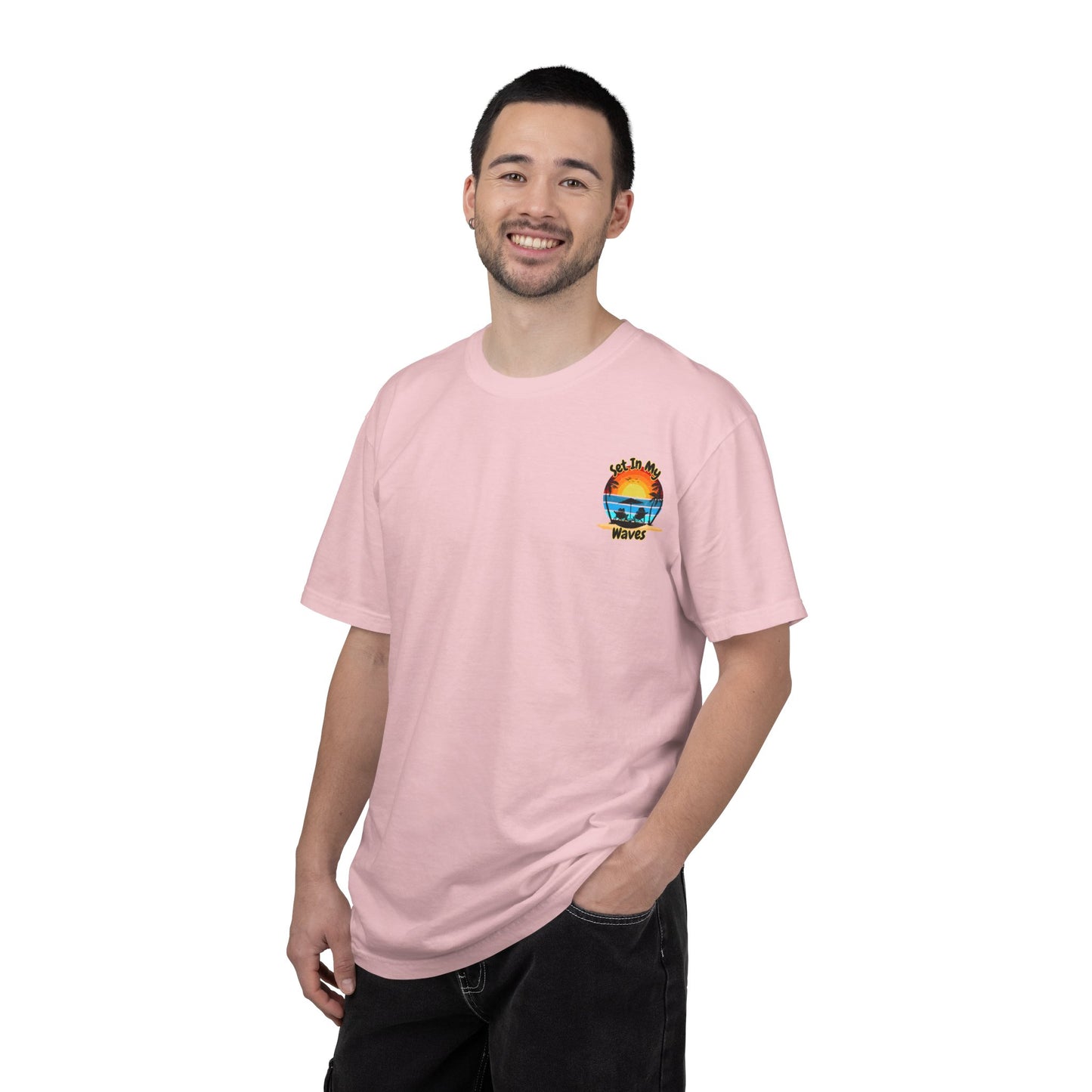 Sunset Surf T-Shirt — "Set In My Waves" Retro Beach Graphic Tee