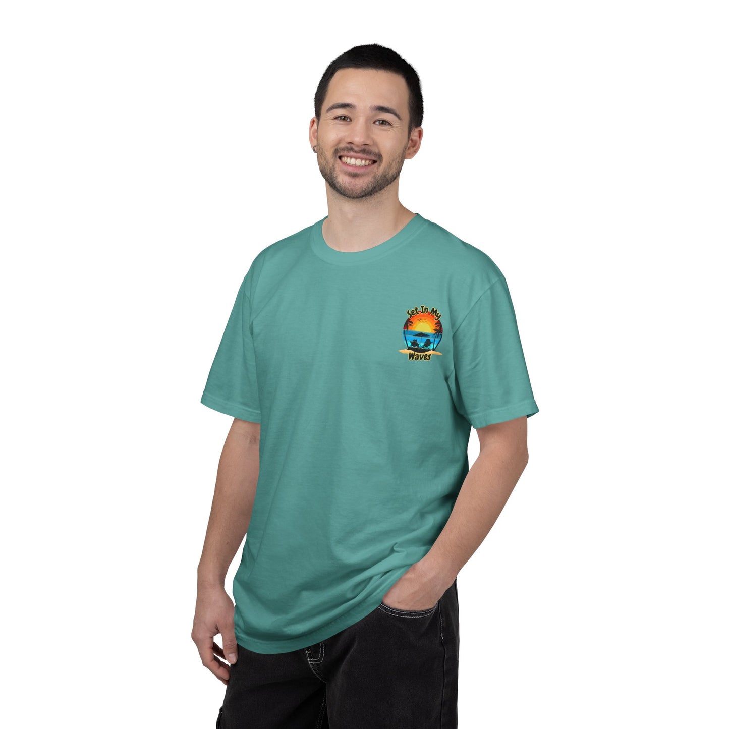 Sunset Surf T-Shirt — "Set In My Waves" Retro Beach Graphic Tee