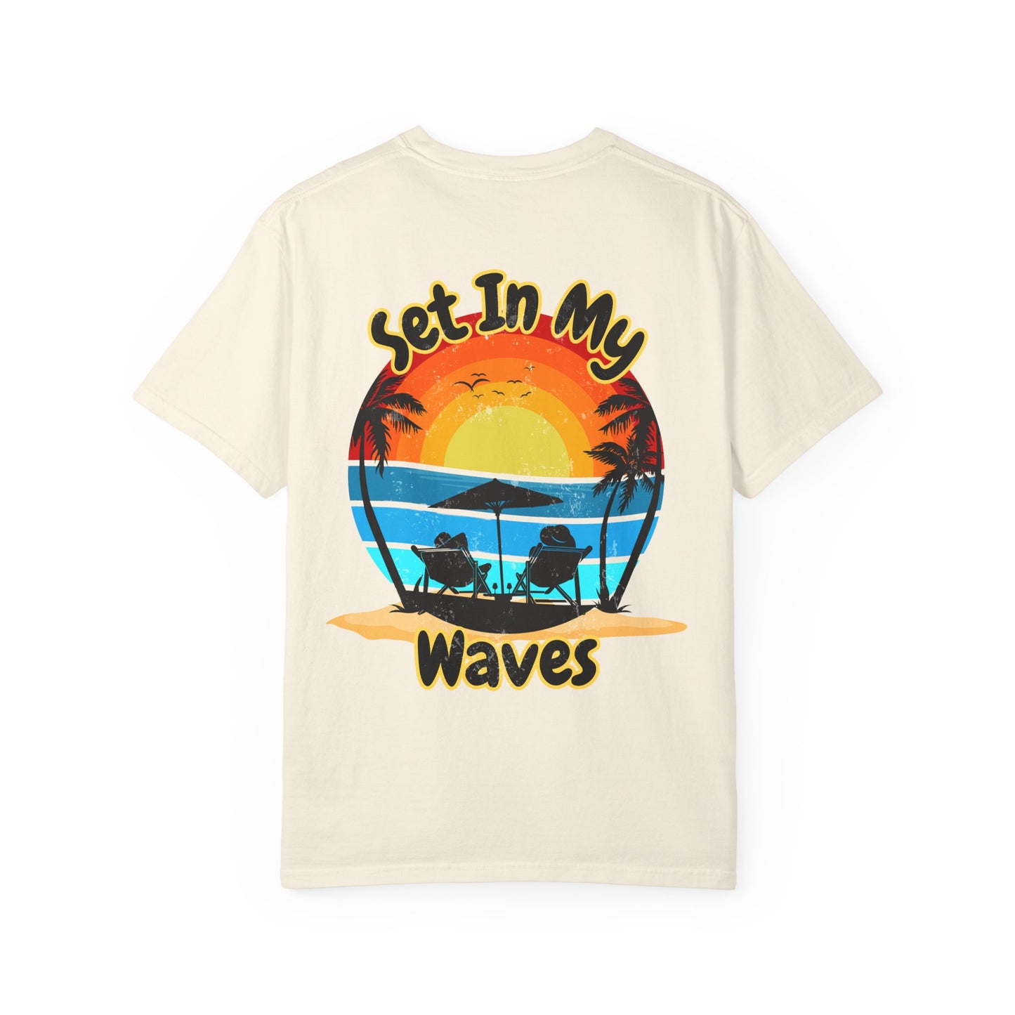 Sunset Surf T-Shirt — "Set In My Waves" Retro Beach Graphic Tee