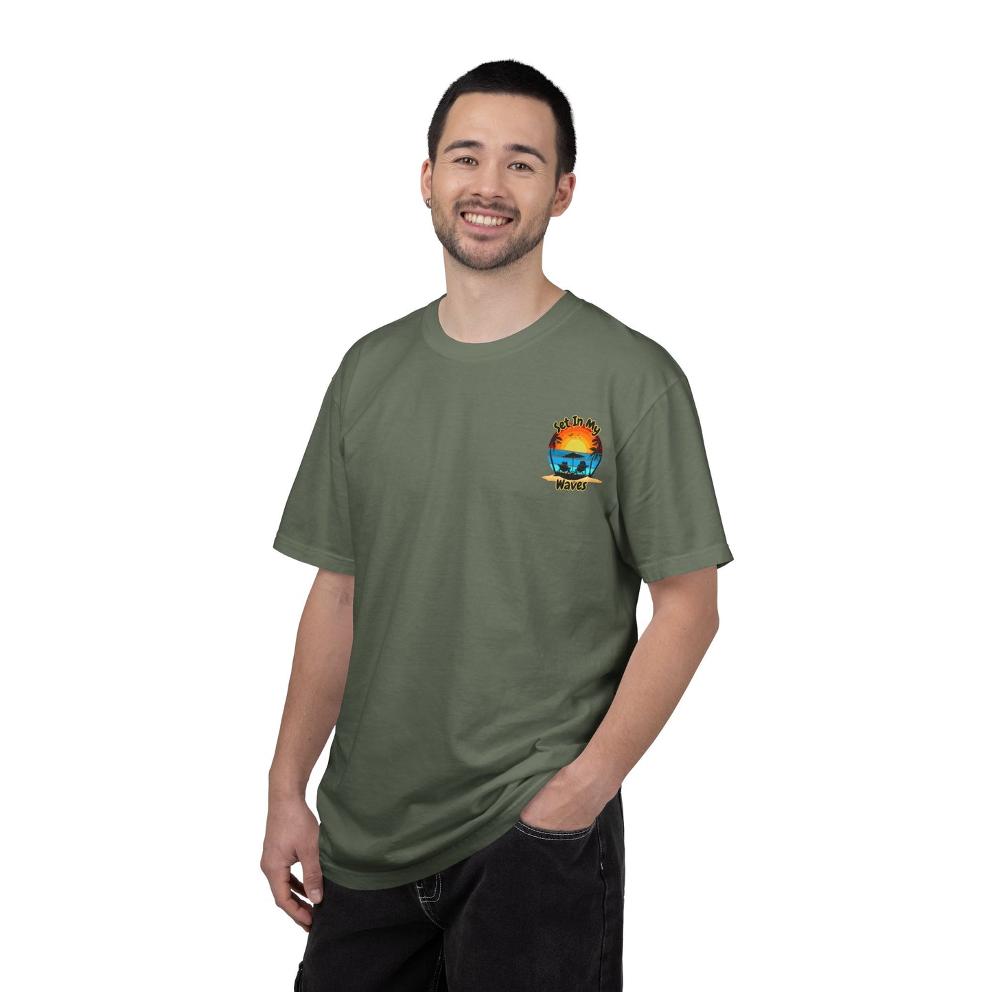 Sunset Surf T-Shirt — "Set In My Waves" Retro Beach Graphic Tee