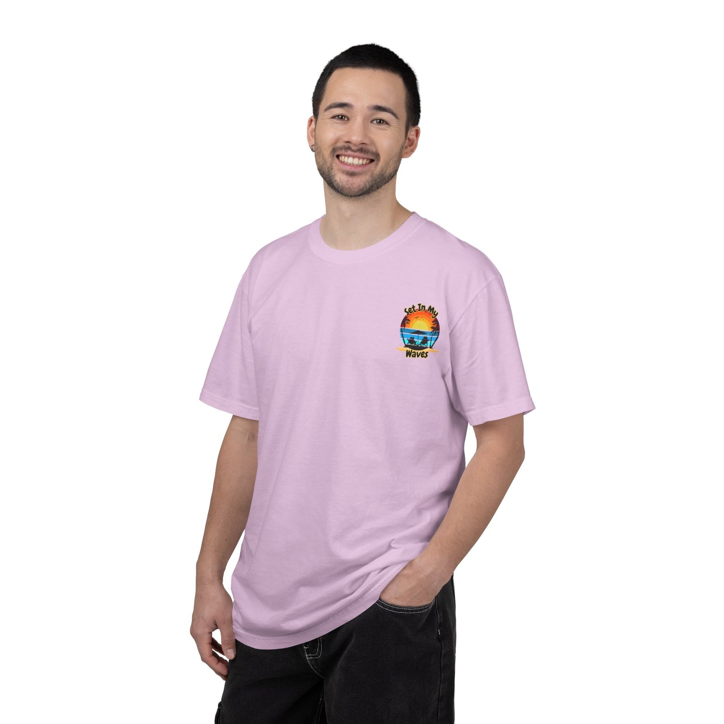 Sunset Surf T-Shirt — "Set In My Waves" Retro Beach Graphic Tee