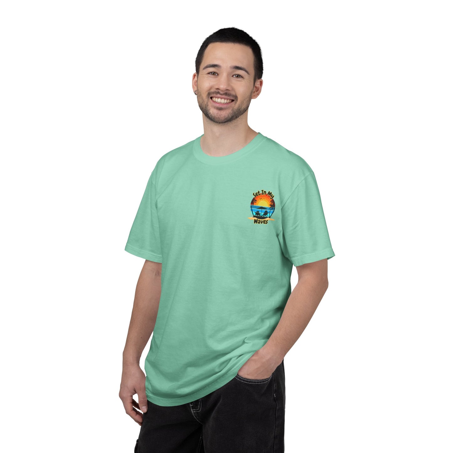 Sunset Surf T-Shirt — "Set In My Waves" Retro Beach Graphic Tee