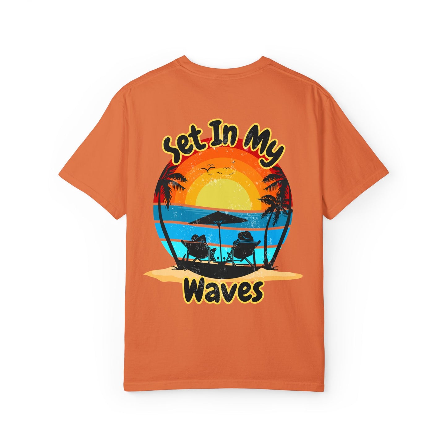Sunset Surf T-Shirt — "Set In My Waves" Retro Beach Graphic Tee
