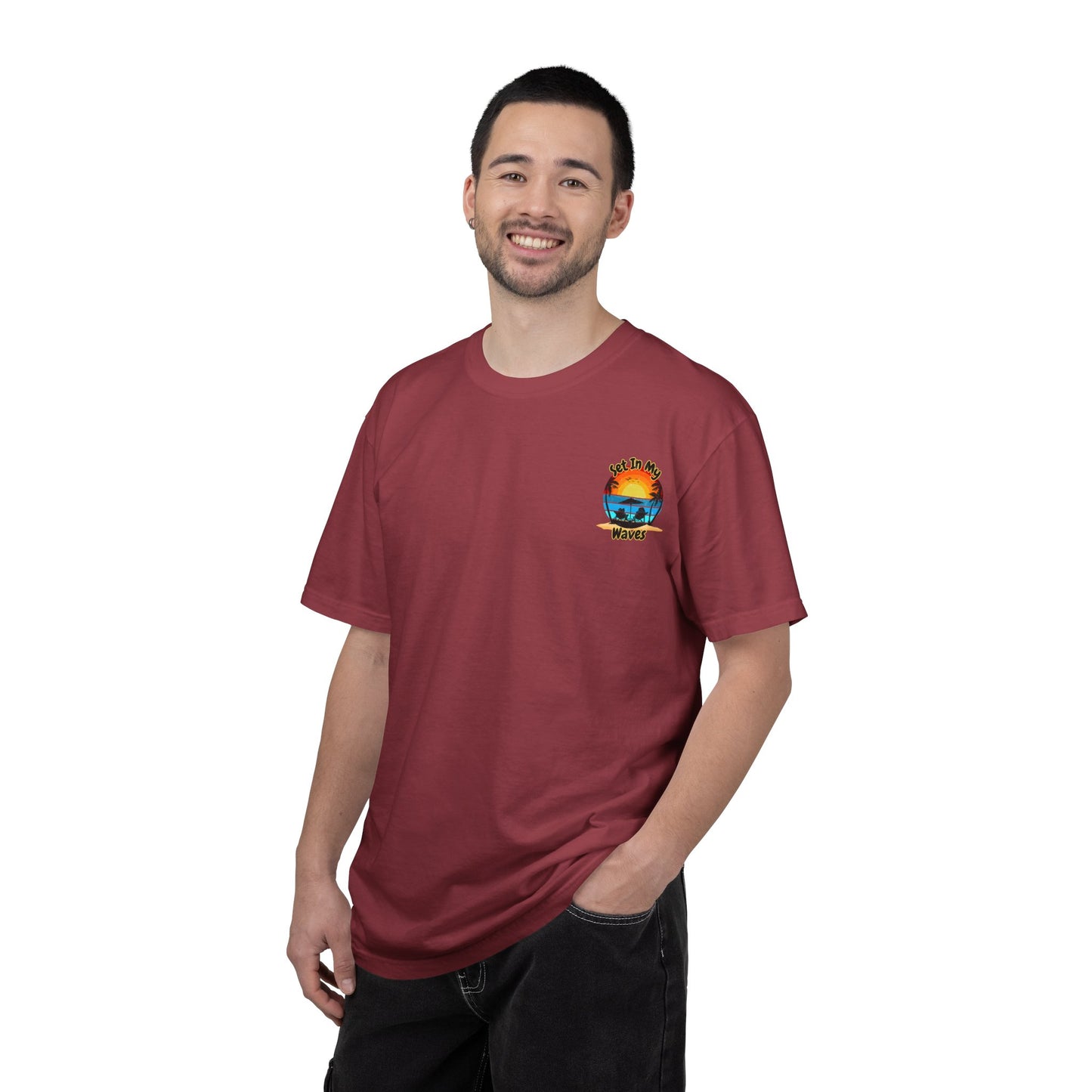 Sunset Surf T-Shirt — "Set In My Waves" Retro Beach Graphic Tee