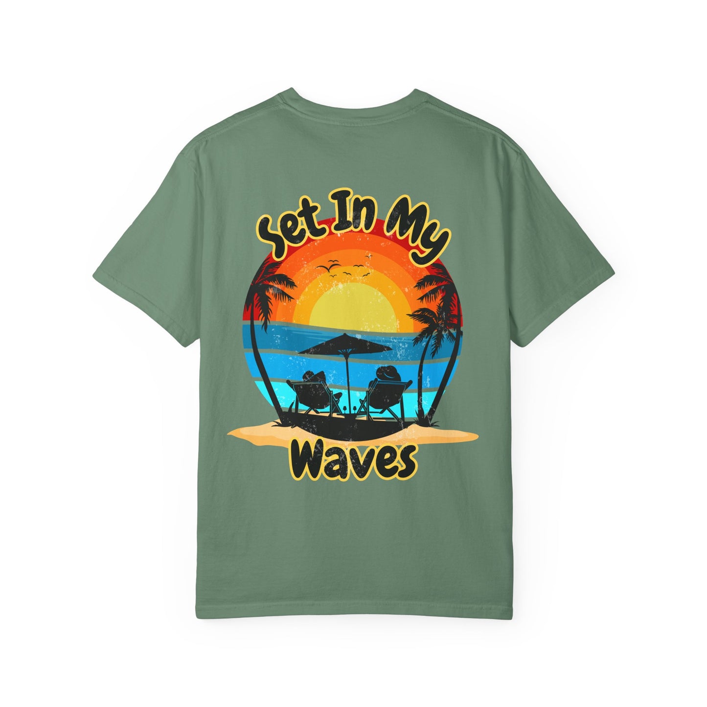 Sunset Surf T-Shirt — "Set In My Waves" Retro Beach Graphic Tee