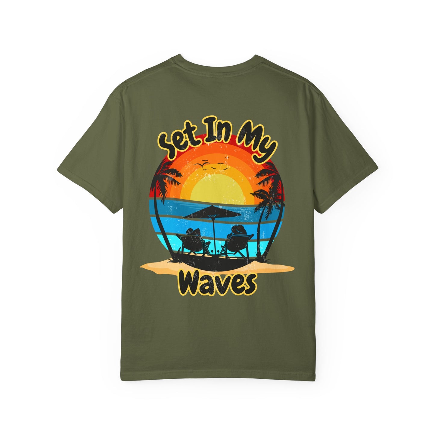 Sunset Surf T-Shirt — "Set In My Waves" Retro Beach Graphic Tee