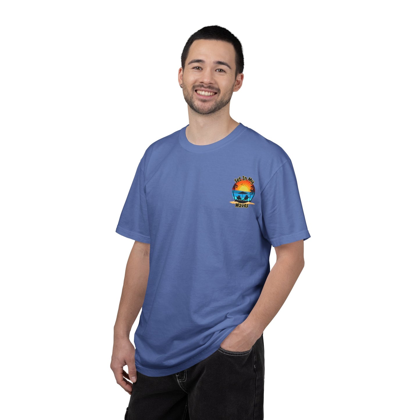 Sunset Surf T-Shirt — "Set In My Waves" Retro Beach Graphic Tee