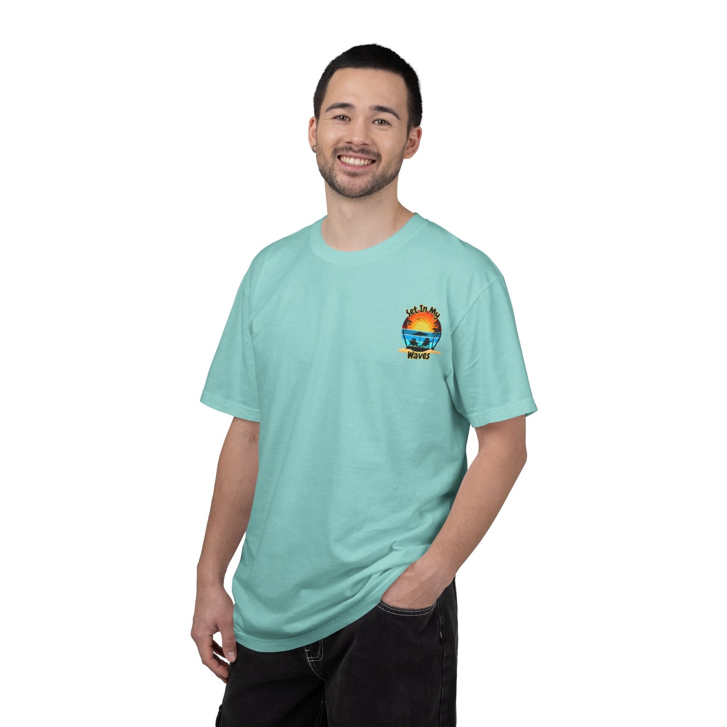 Sunset Surf T-Shirt — "Set In My Waves" Retro Beach Graphic Tee