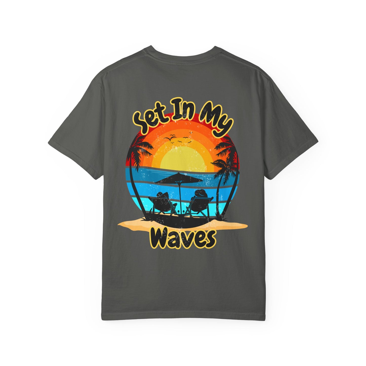 Sunset Surf T-Shirt — "Set In My Waves" Retro Beach Graphic Tee