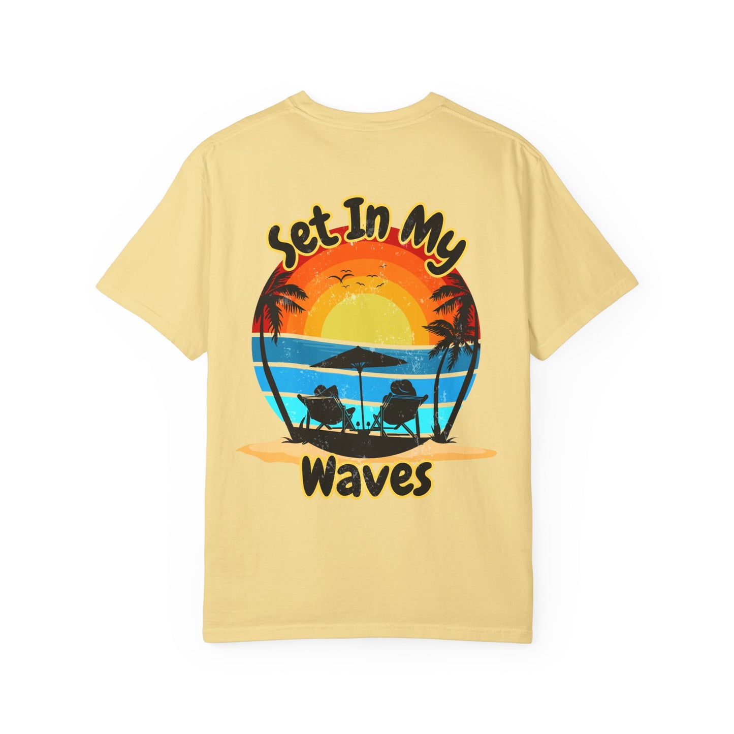Sunset Surf T-Shirt — "Set In My Waves" Retro Beach Graphic Tee