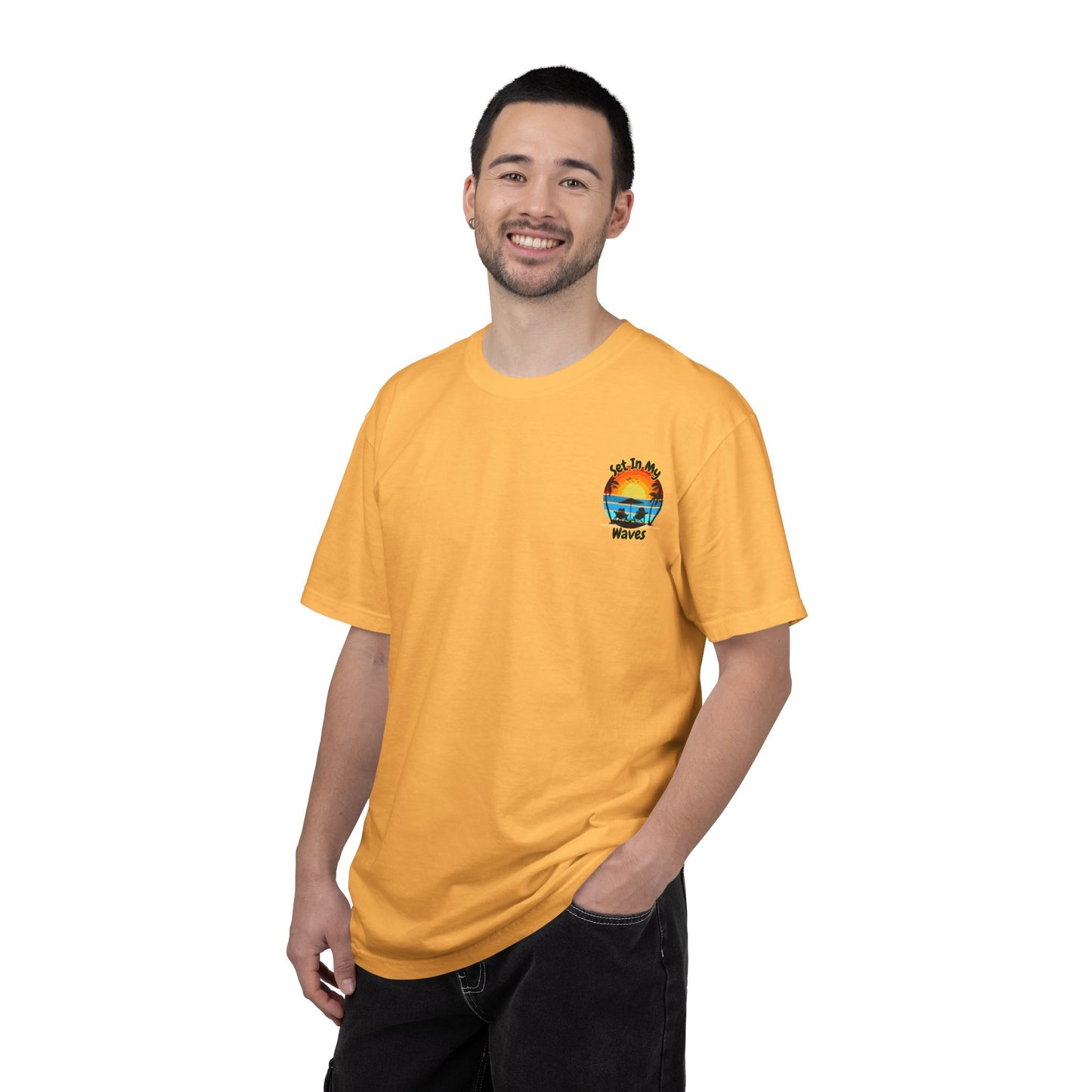 Sunset Surf T-Shirt — "Set In My Waves" Retro Beach Graphic Tee