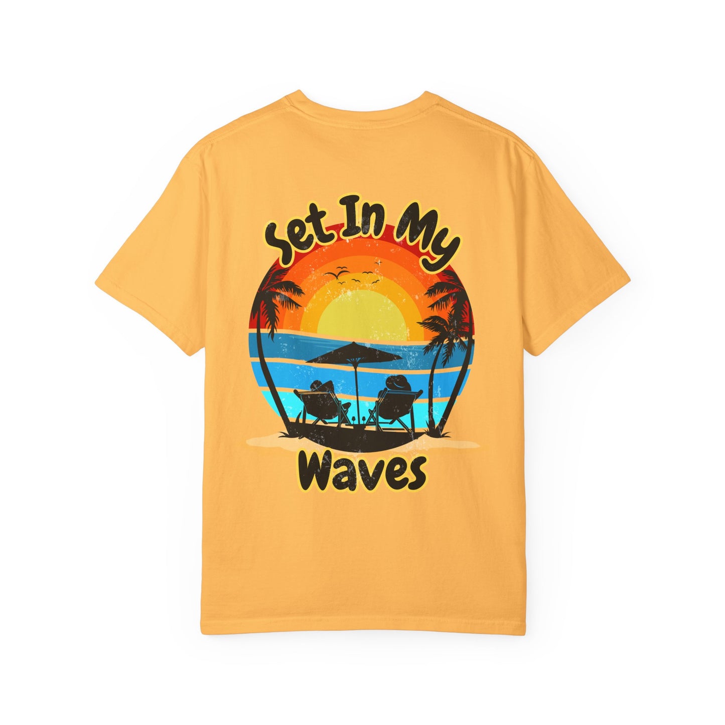 Sunset Surf T-Shirt — "Set In My Waves" Retro Beach Graphic Tee
