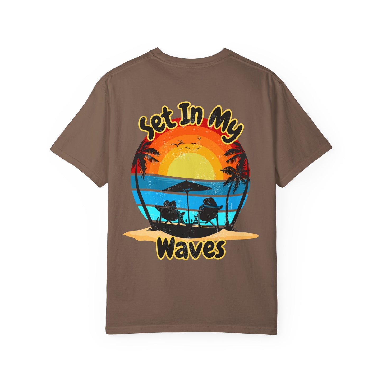 Sunset Surf T-Shirt — "Set In My Waves" Retro Beach Graphic Tee