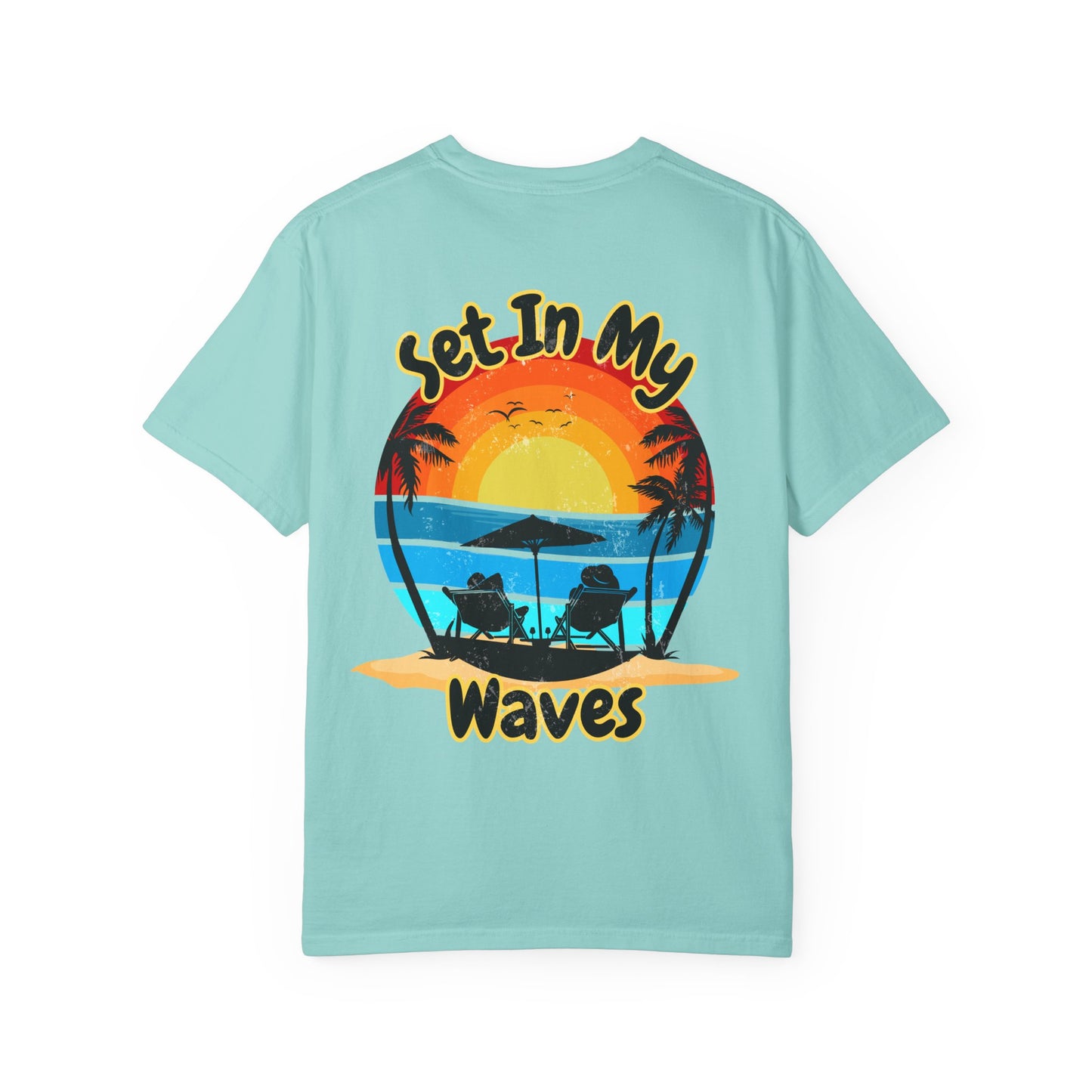Sunset Surf T-Shirt — "Set In My Waves" Retro Beach Graphic Tee