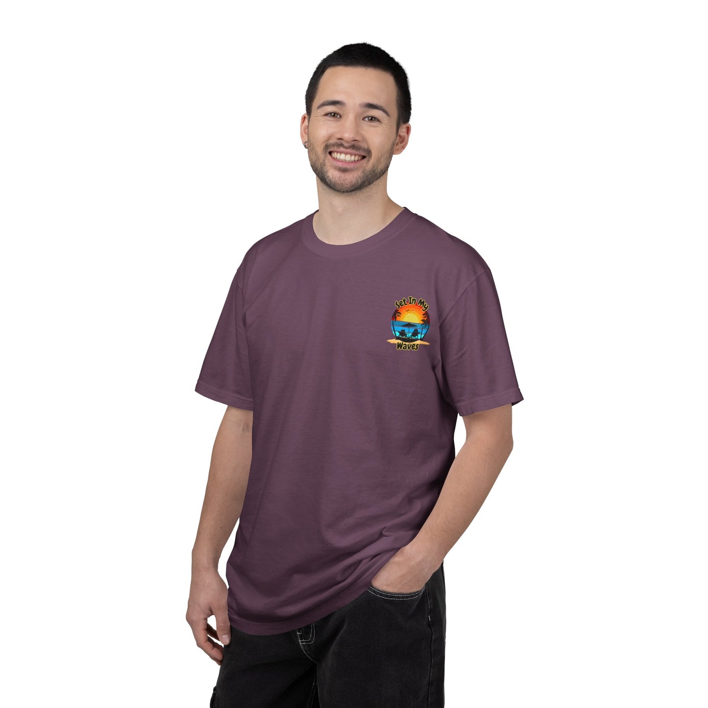 Sunset Surf T-Shirt — "Set In My Waves" Retro Beach Graphic Tee