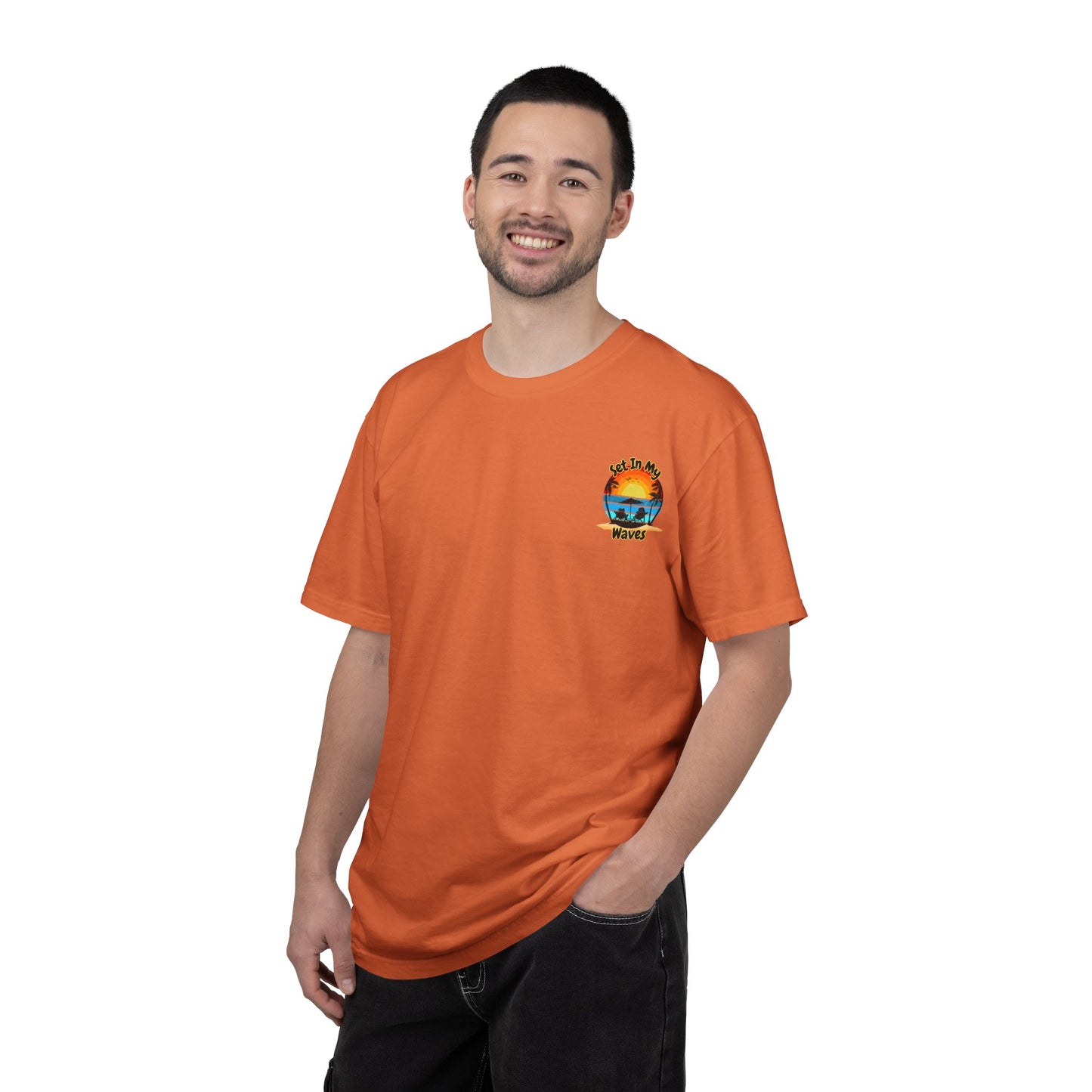 Sunset Surf T-Shirt — "Set In My Waves" Retro Beach Graphic Tee