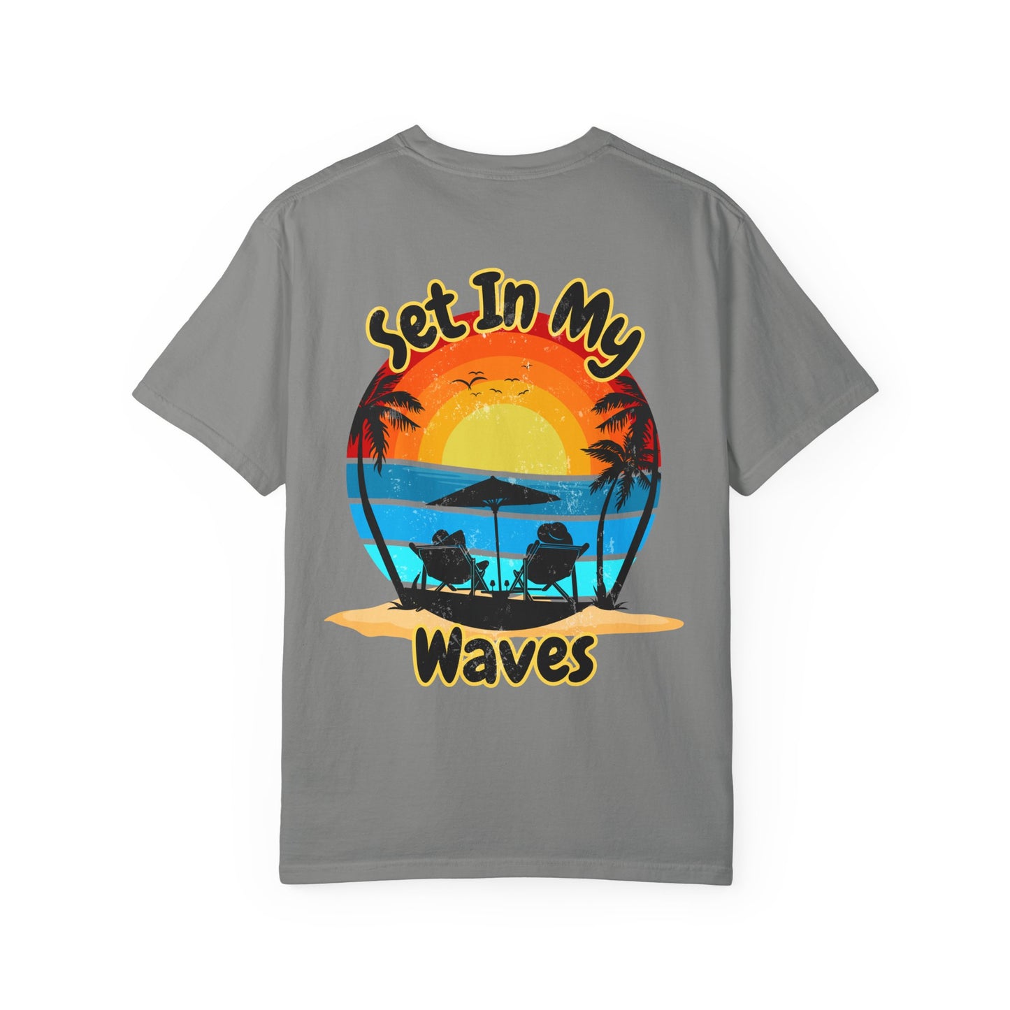 Sunset Surf T-Shirt — "Set In My Waves" Retro Beach Graphic Tee