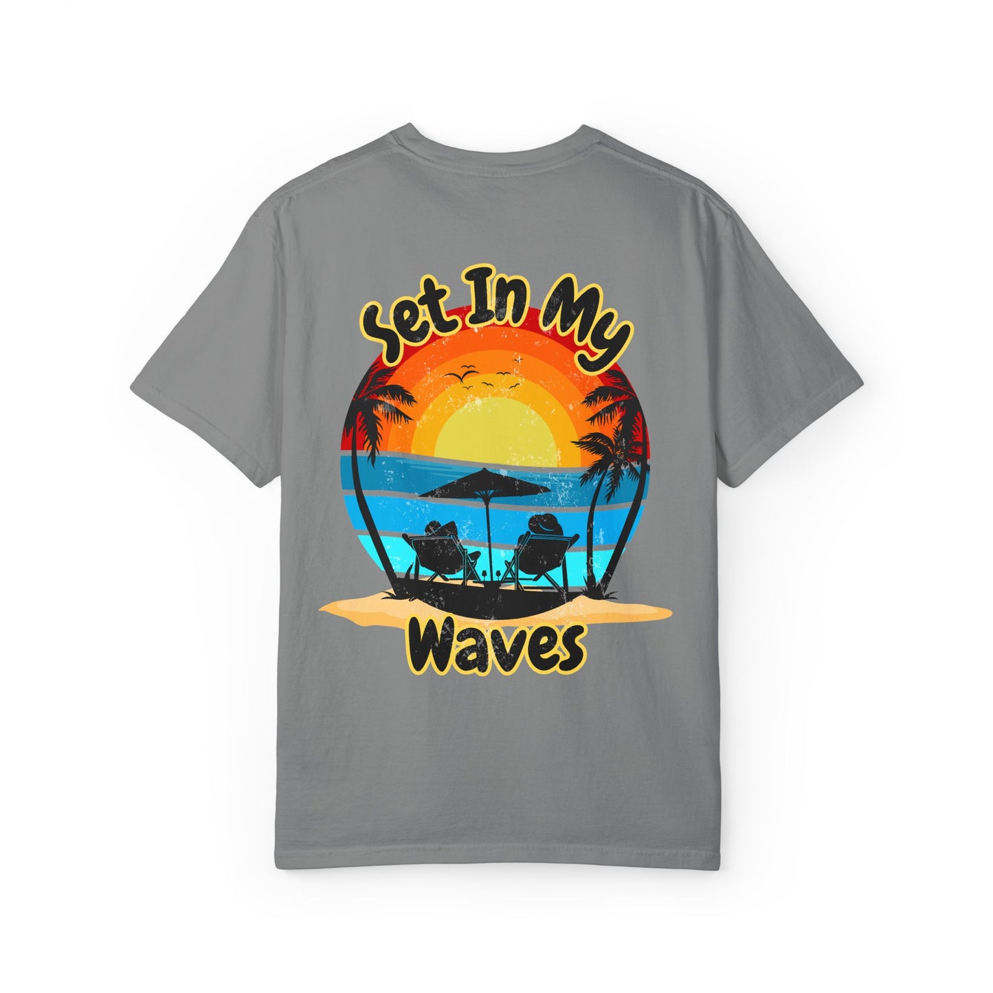 Sunset Surf T-Shirt — "Set In My Waves" Retro Beach Graphic Tee