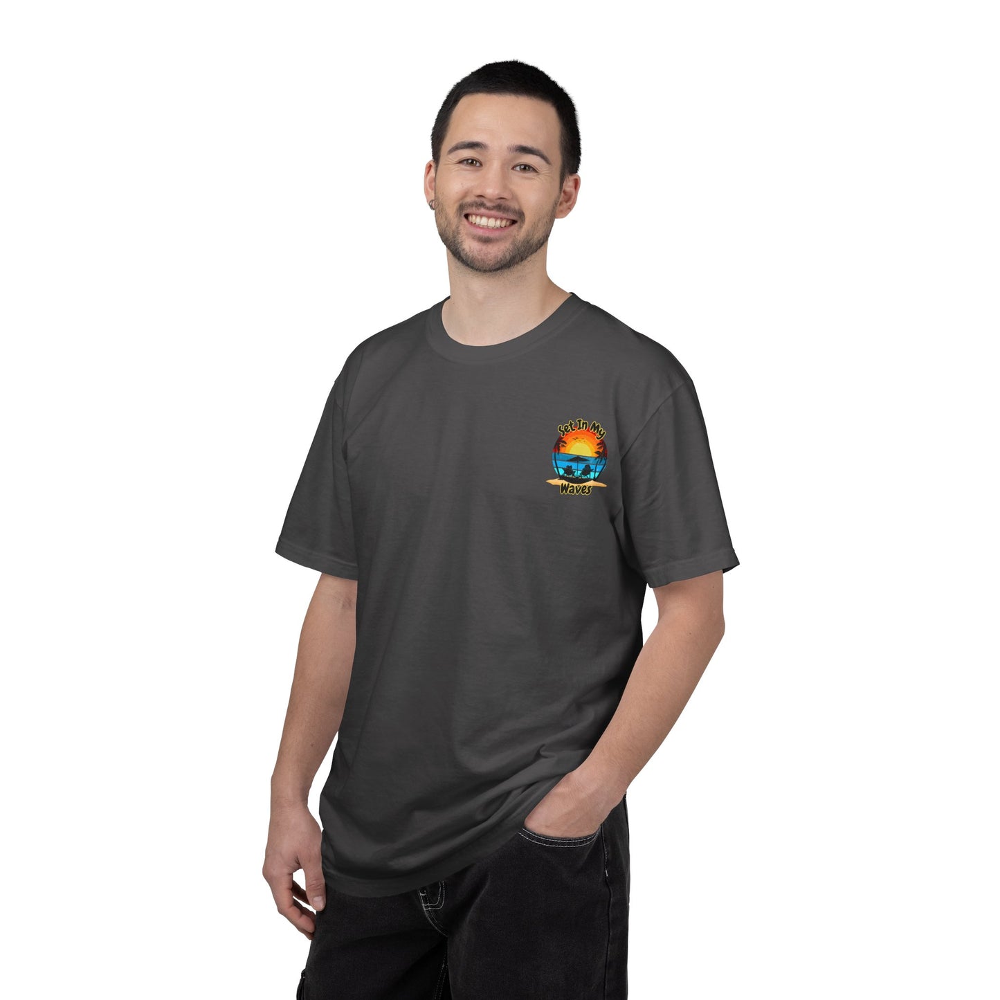 Sunset Surf T-Shirt — "Set In My Waves" Retro Beach Graphic Tee