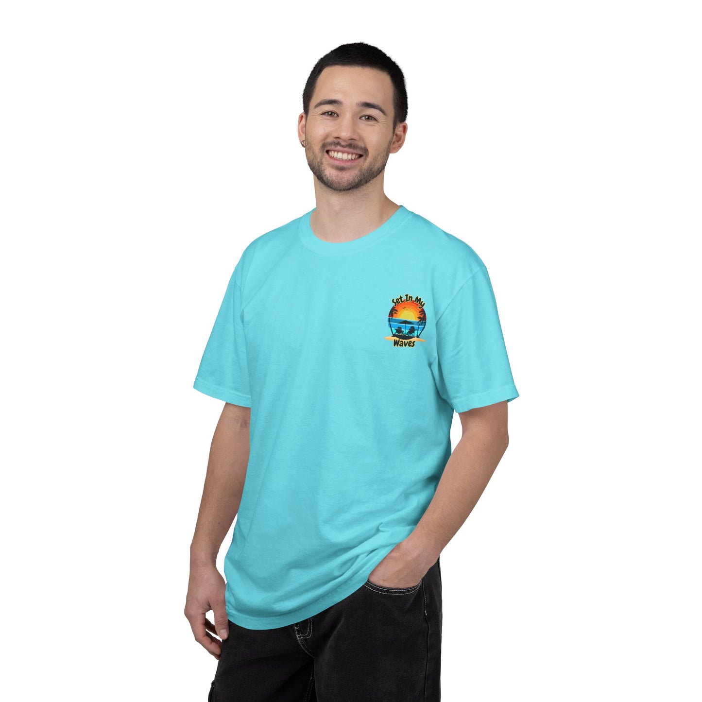 Sunset Surf T-Shirt — "Set In My Waves" Retro Beach Graphic Tee
