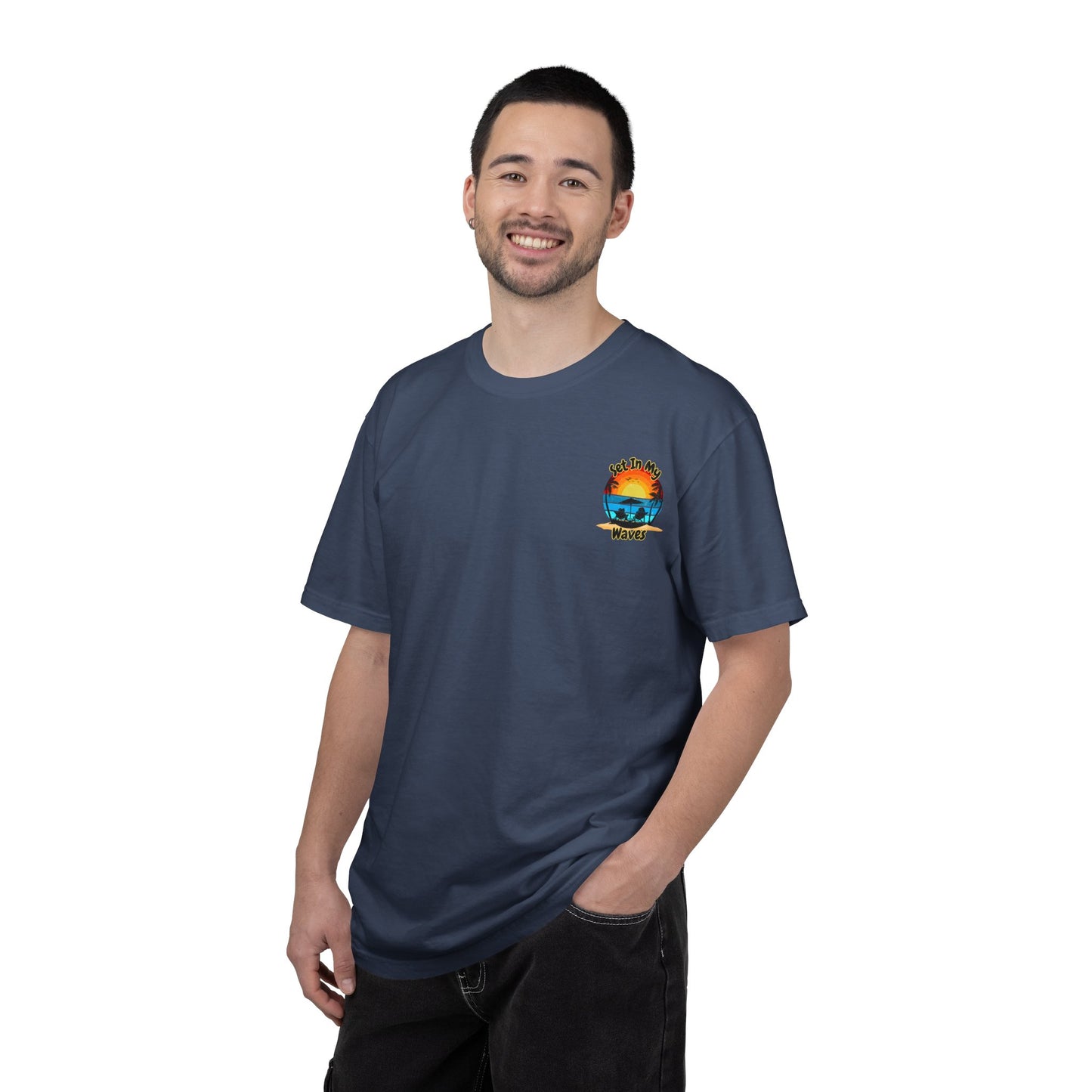 Sunset Surf T-Shirt — "Set In My Waves" Retro Beach Graphic Tee
