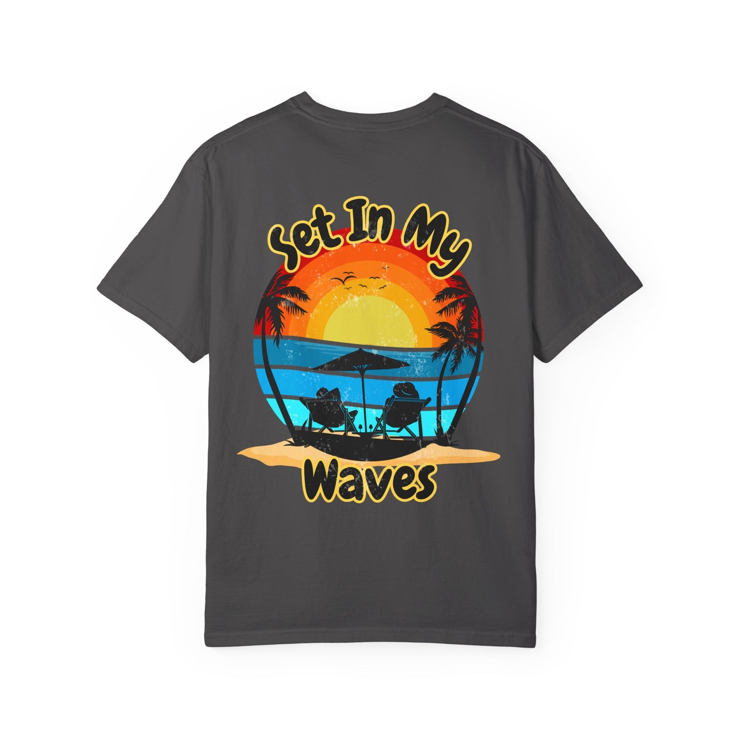 Sunset Surf T-Shirt — "Set In My Waves" Retro Beach Graphic Tee