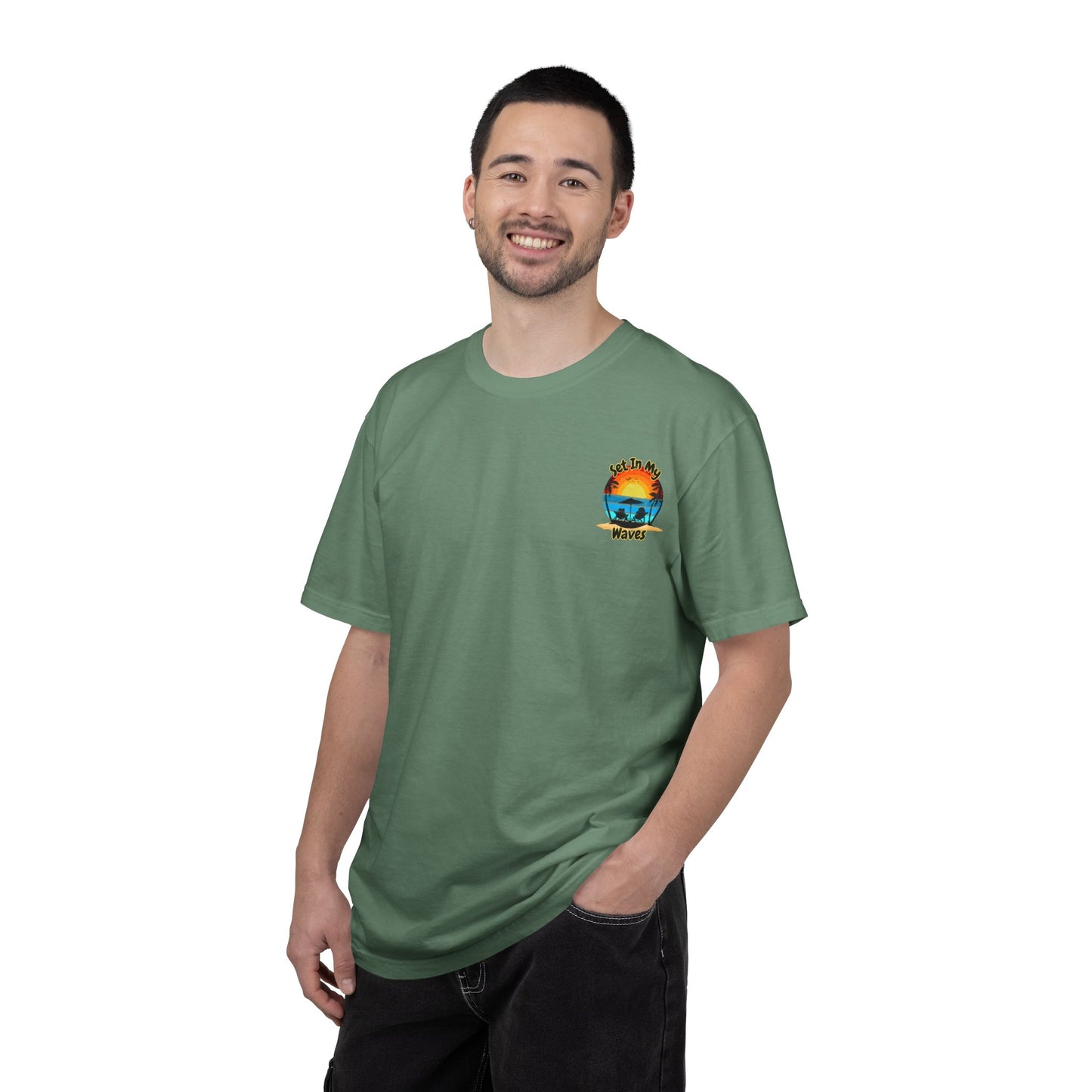 Sunset Surf T-Shirt — "Set In My Waves" Retro Beach Graphic Tee