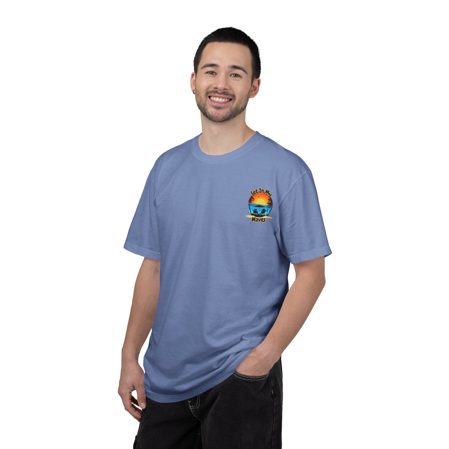 Sunset Surf T-Shirt — "Set In My Waves" Retro Beach Graphic Tee