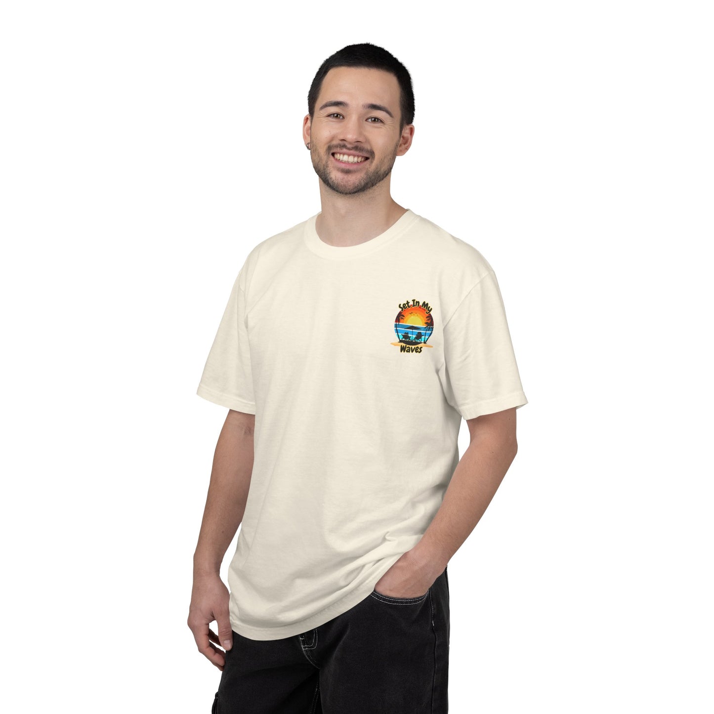 Sunset Surf T-Shirt — "Set In My Waves" Retro Beach Graphic Tee