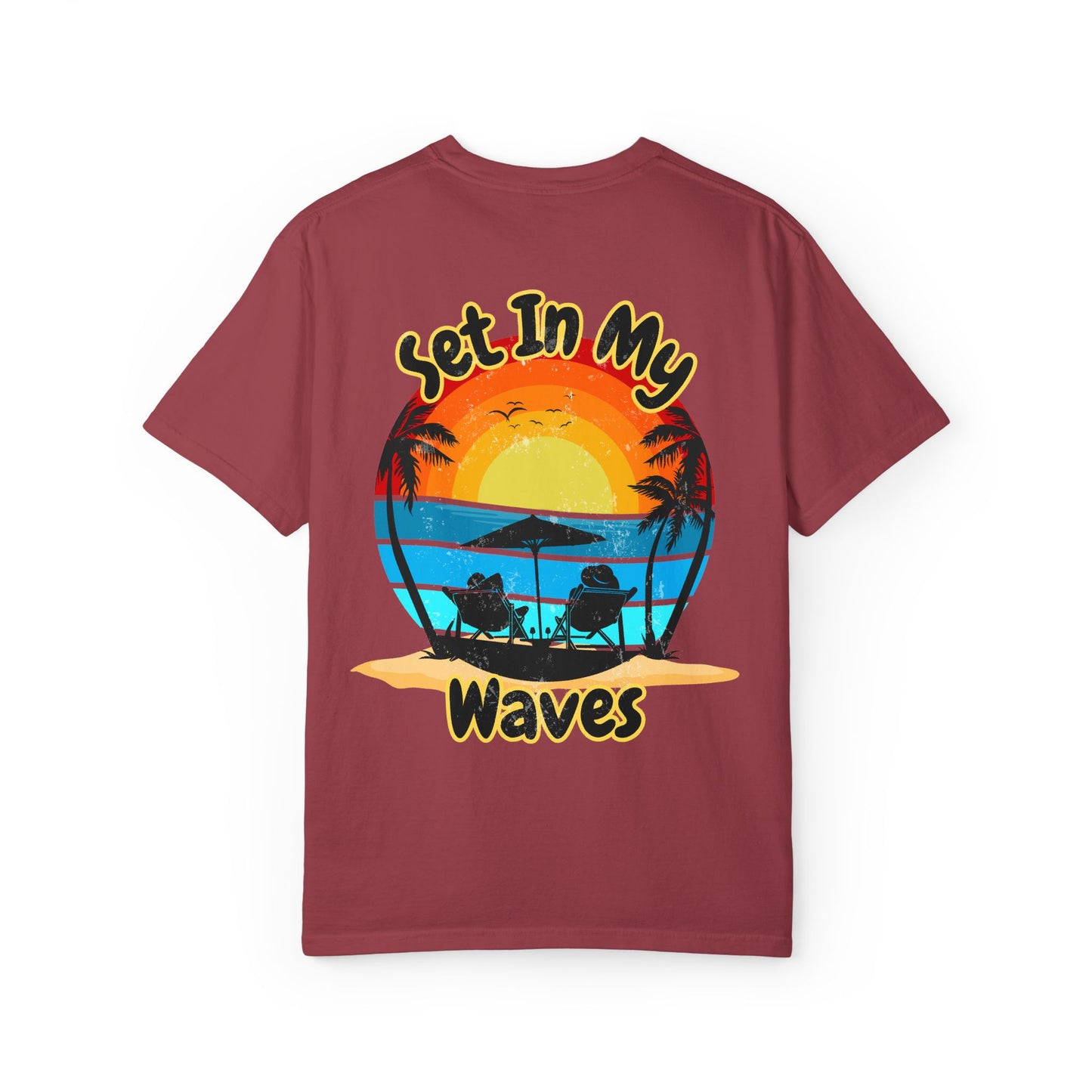 Sunset Surf T-Shirt — "Set In My Waves" Retro Beach Graphic Tee