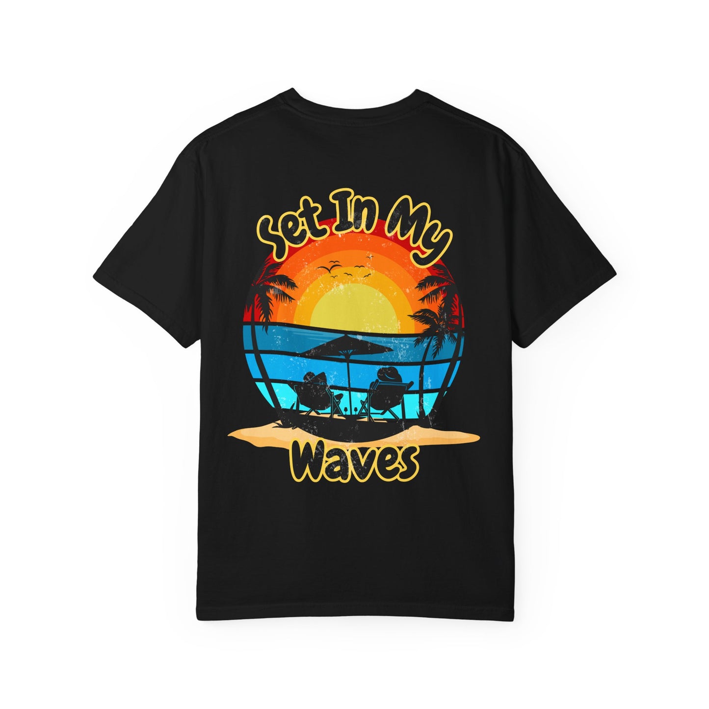 Sunset Surf T-Shirt — "Set In My Waves" Retro Beach Graphic Tee